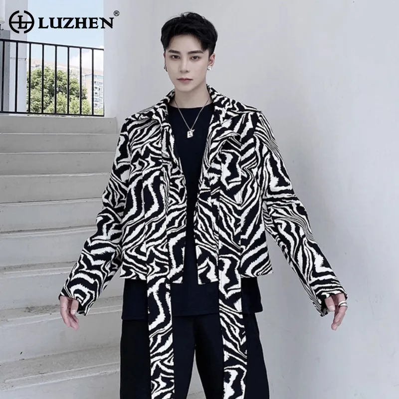 LUZHEN Zebra Stripe Printed Belt Decorate Elegant Handsome Blazer Coat Men's 2025 New Fashion Original Korean Male Jacket JY4265