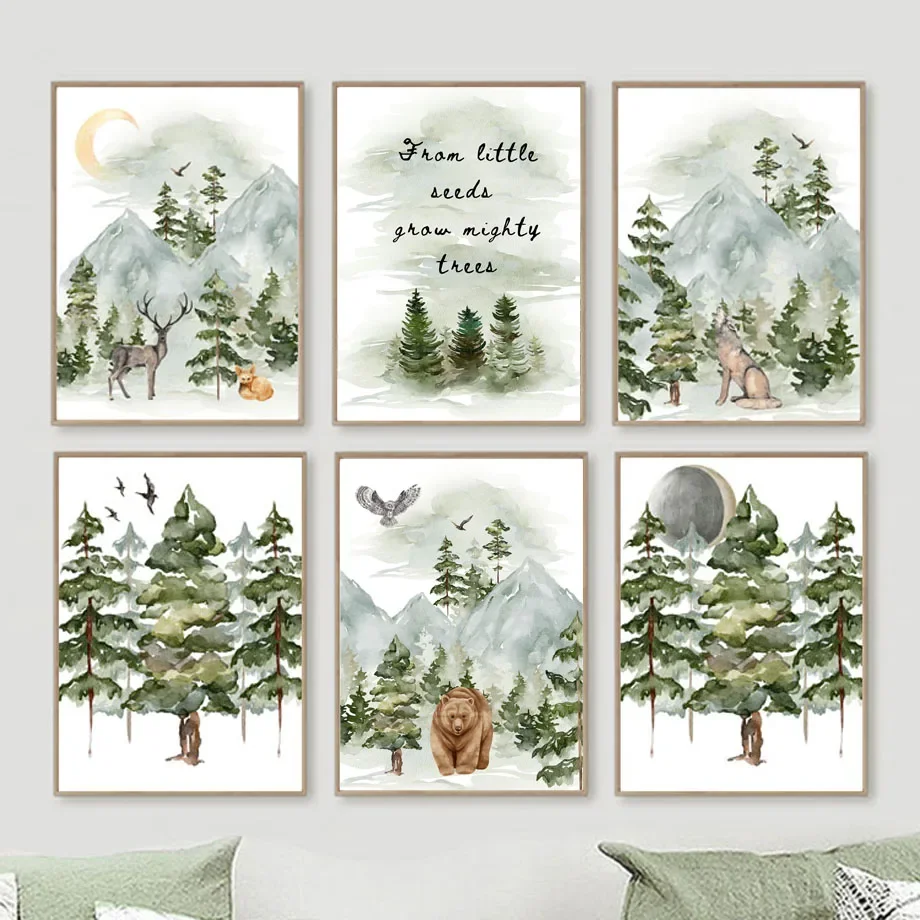 

Mountain Pine Forest Owl Bear Wolf Deer Fox Wild Animals Art Canvas Painting Nordic Posters Prints Wall Pictures Kids Room Decor