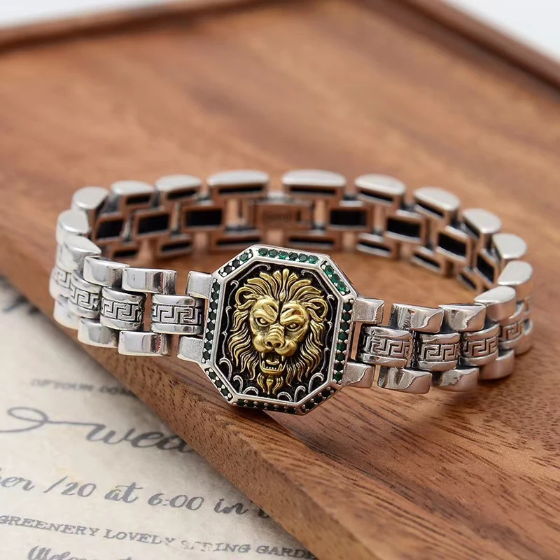 OUYADI 925 Sterling Silver Vintage Lion Head Watch Chain Bracelet Inlaid Green Zircon Unisex Retro Texture Hand Jewelry Gift