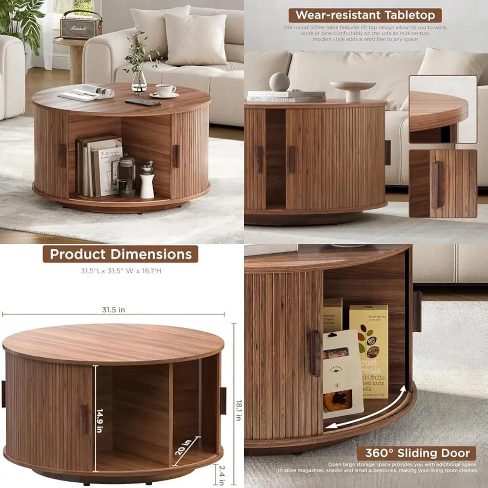 

Round Storage Coffee Table with Sliding Door, 31.5 Drum Table, Mid Century Modern Style