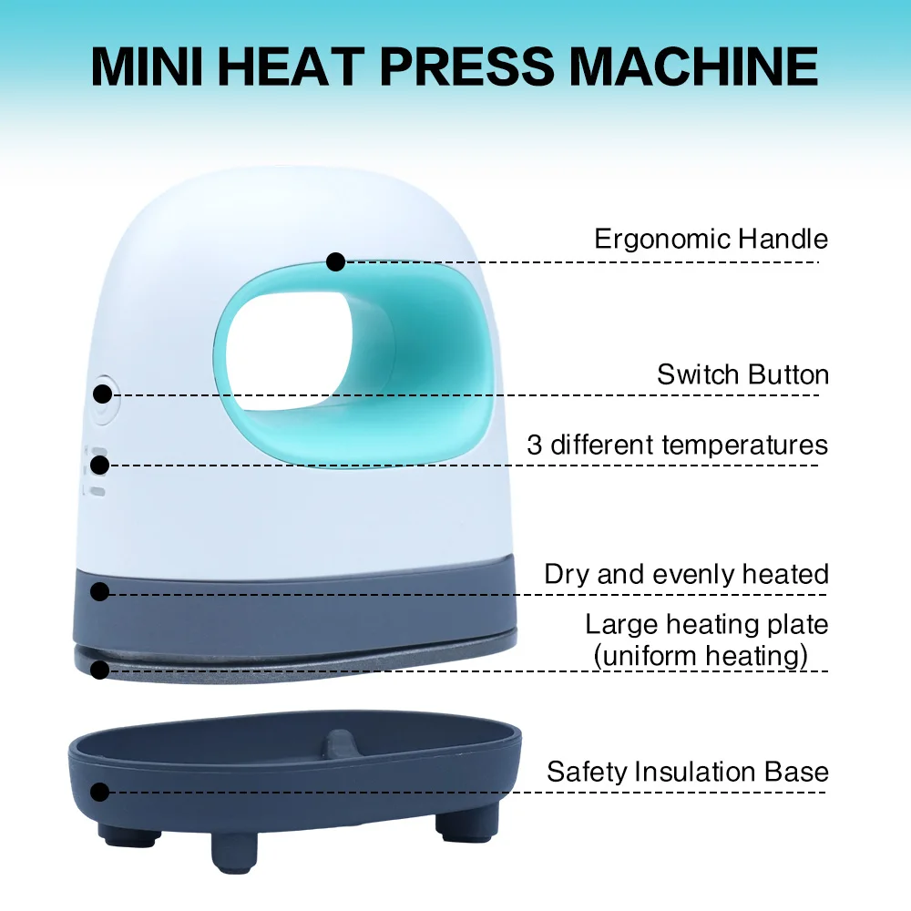 Dtfinova DIY Mini Heat Press Machine for T-shirt Shoes Hats Bags,Portable Handheld Easy Iron for HTV Vinyl Projects iron