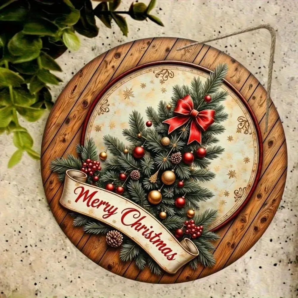 Weihnachtsbaum im Vintage-Stil – kreisförmiges Holzschild zum Aufhängen, geeignet für Familien-Esszimmer, Wohnzimmer, Feiertagsdekorationen
