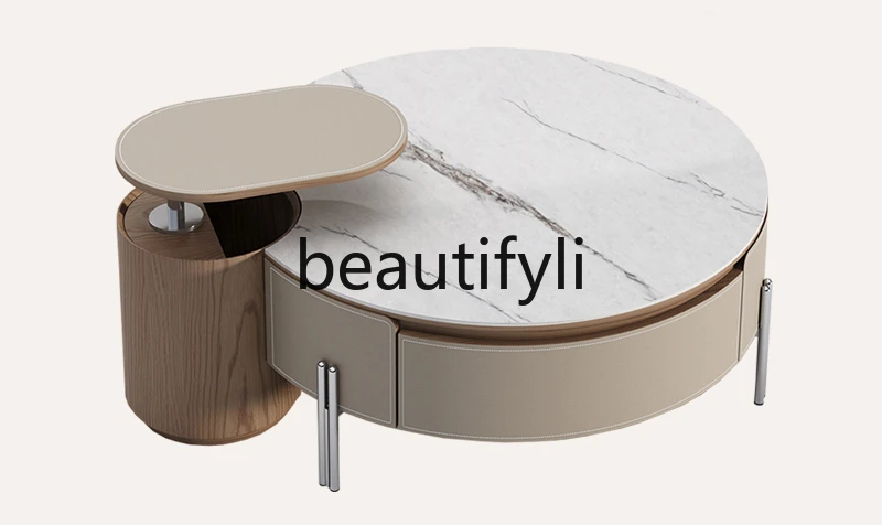 

Italian minimalist multi-functional storage coffee table modern simple saddle leather round combination coffee table