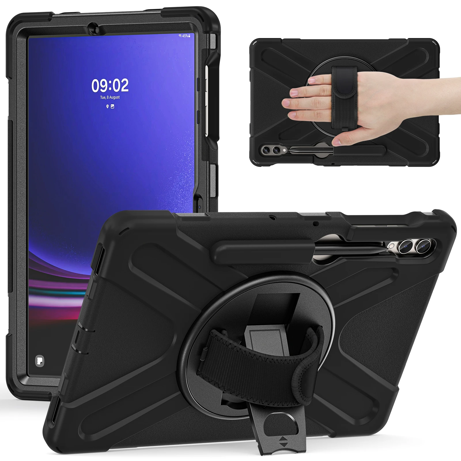 

Для Samsung Galaxy Tab S10+ X826/S9 FE+/S9+/S8+/S7+ Чехол для планшета с ремешком на запястье и защитой от царапин ПК + силиконовый чехол-подставка - B