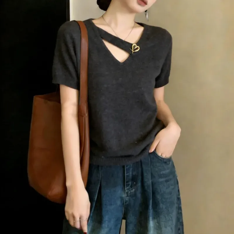 Women Clothing Summer Fashion Loose Simplicity Hollow Out Ice Shreds Knitting Female O-neck Short Sleeve Appear Thin Versatile