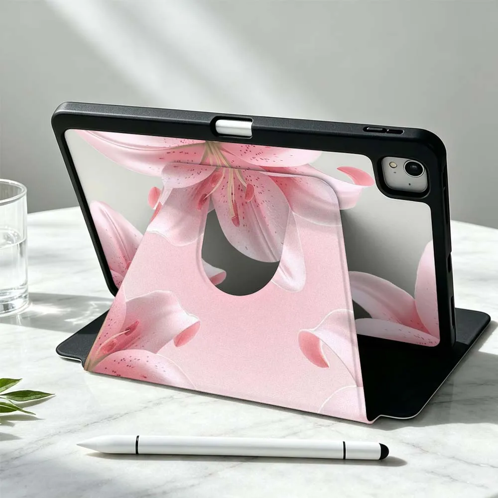 Fresh Pink Flowers For iPad Pro Air mini 6 5 4 12th M5 M4 M3 M2 A16 A17Pro 360° Rotation Stylus Storage Tablet Case