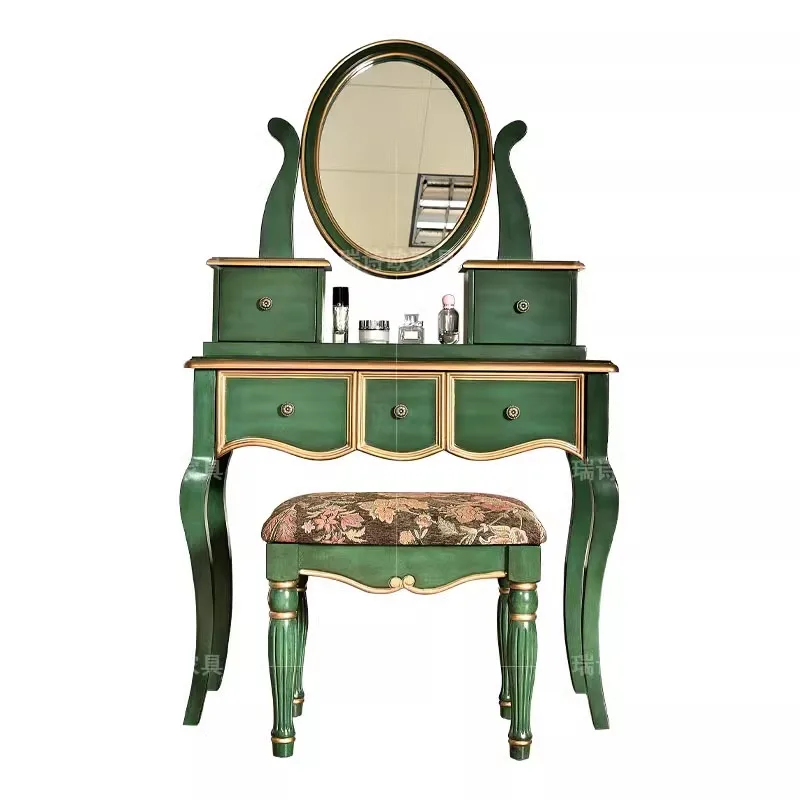 

American country dressing table solid wood dressing table bedroom chest integrated retro green old with storage table small