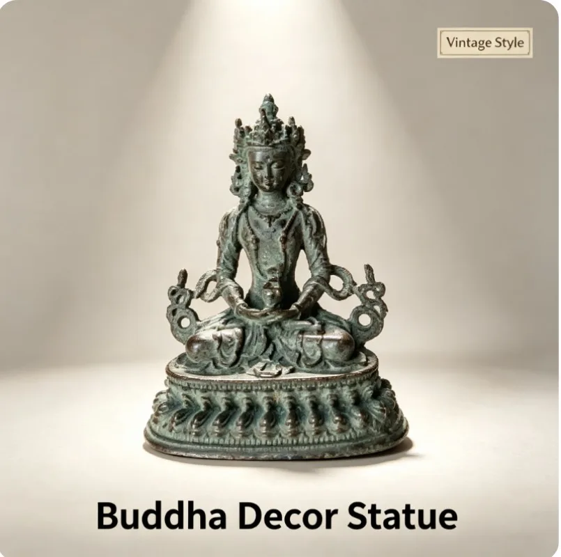 Vintage Buddha Decorative Figurine Resin Meditation Statue Bronze Green Patina Craft Ornament for Home Desktop Shelf Decor Gift