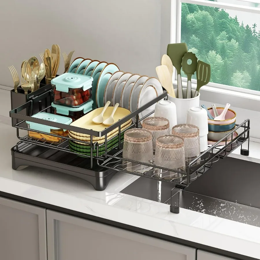 

Полка для посуды, выдвижная сушилка для посуды, сушилка для посуды для кухонной стойки, сито для посуды с держателем для посуды, блюдо над раковиной