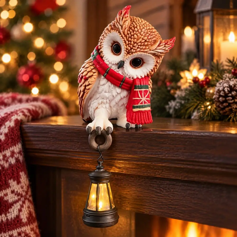 Resin Owl Figurine LED Light LED Hanging Lantern Owl Lantern Figurine Scarf Owl LED Lantern Resin Owl Figurine Tabletop Decor