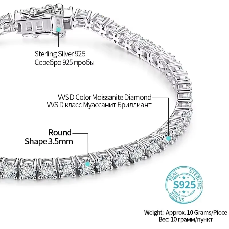 ATTAGEMS 4.0mm 5.0mm D Color Pass Diamond Tester GRC Round Cut White Gold Plated 925 Silver Moissanite Tennis Bracelet for Women