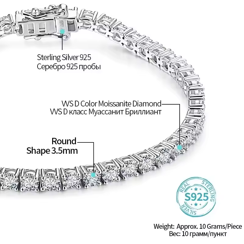 ATTAGEMS 4.0mm 5.0mm DVVS1 Pass Diamond Test Round Cut Moissanite Tennis Bracelet White Gold Plated 925 Silver Jewelry for Women