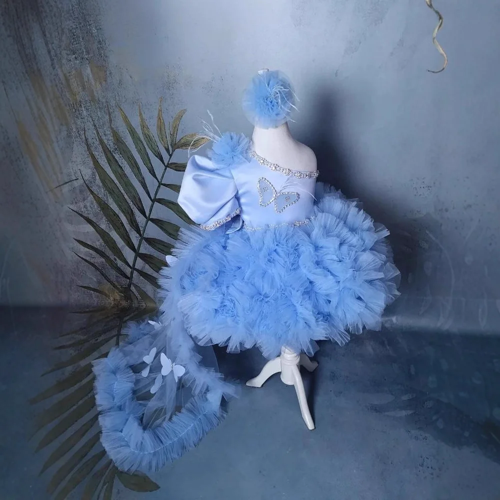 

2025 Puffy Blue One Shoulder Flower Girl Dresses elegant Wedding Birthday Party Dress Butterfly Holy First Communion Prom Gowns