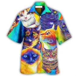 Cute Cat Graphic Hawaiian Shirt For Men 3D Printed Animal Shirts Summer Street Short Sleeves Tops Cool Lapel Button Blouse