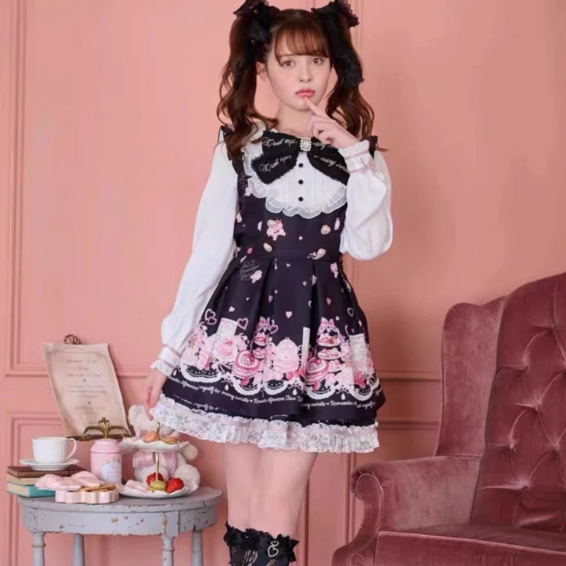 Japanese Kawaii Rhinestone Bow Dress Set Women Sweet Lolita Style Lace Pearl Cute Print Shirt Dresses Gothic Y2k Tea Party Dress
