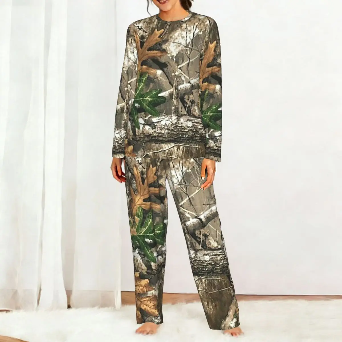 Camouflage Real Tree Realtree Hunter Camo Pattern Round Neck Long Sleeve Nightgowns for Sleeping Women Loose Pajama Long Pants