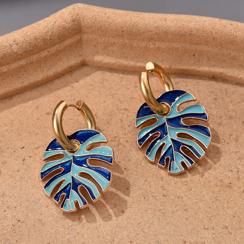 Heiße Bunte Große Blatt Anhänger Gold Farbe Edelstahl Ohrringe Für Frauen Schmuck Vintage Aussage Emaille Runde Creolen – Detail 14