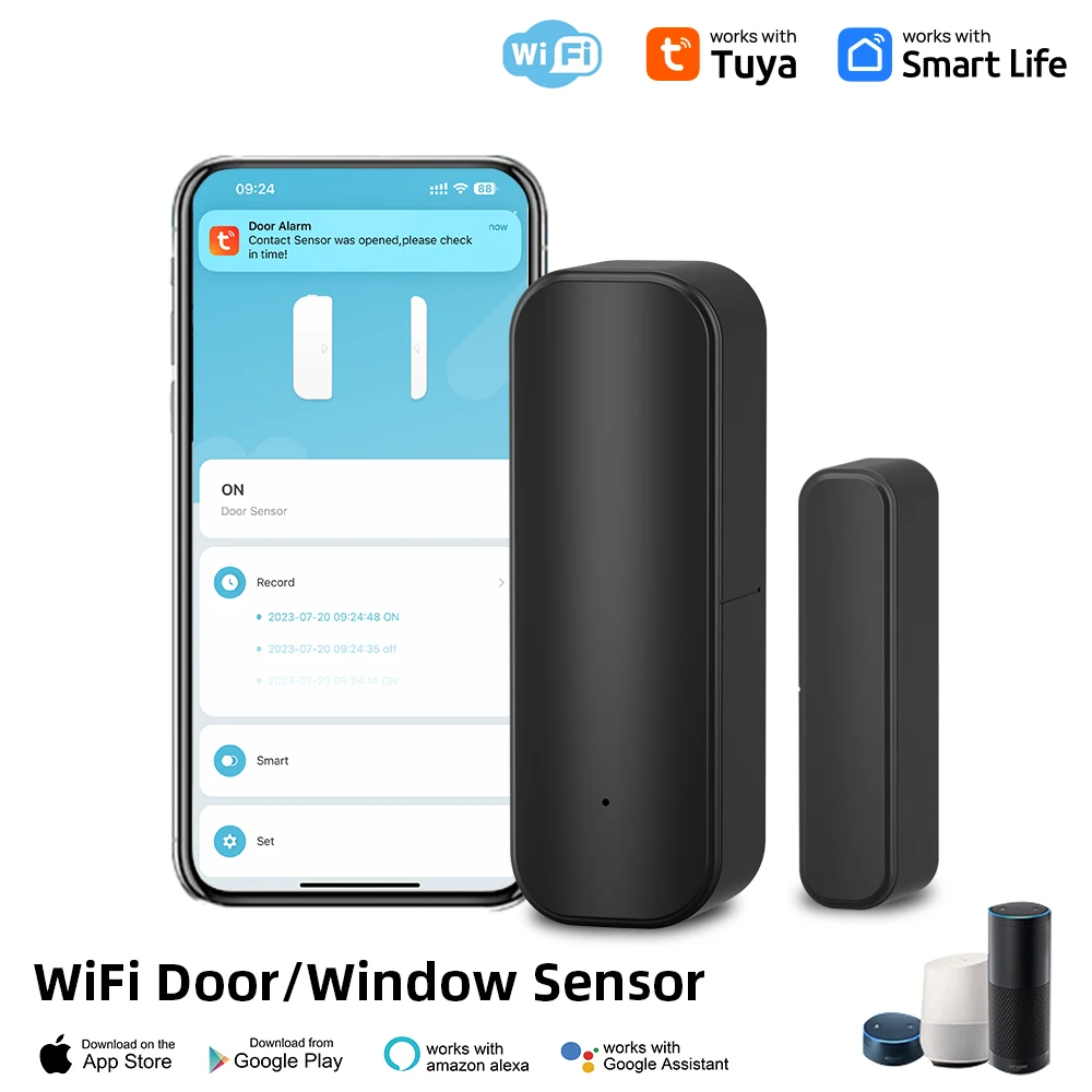 Tuya WiFi or ZigBee Door Window Sensor Smart Wireless Door Open Close Detectors APP Remote Alarm Work with Alexa Google Home