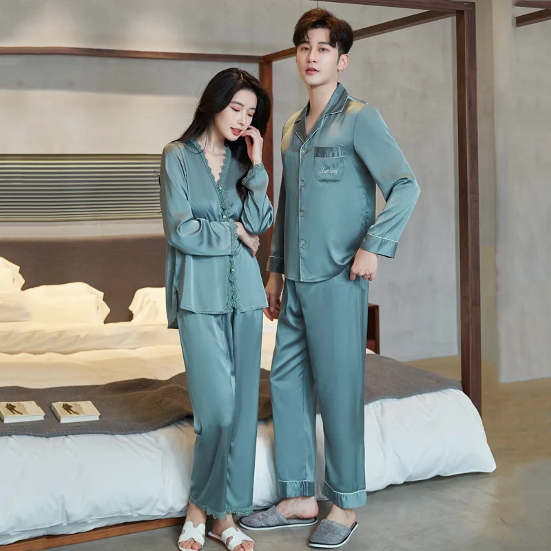 Gray Rayon Couple Pajamas Set Sleepwear Spring Autumn Long Sleeve Shirt&pant Bridegroom Bride Wedding Gift Casual Home Clothes