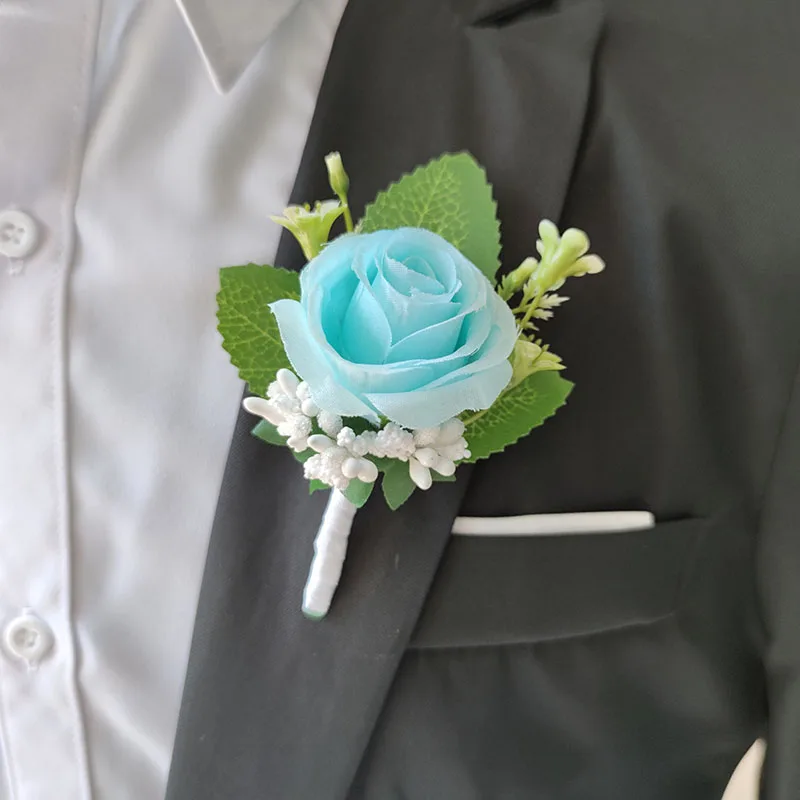 Boutonniere สร้อยข้อมือเจ้าบ่าวสำหรับเพื่อนเจ้าสาวอุปกรณ์จัดงานแต่งงานดอกกุหลาบเทียมตกแต่งงานปาร์ตี้ดอกไม้ผ้าไหม