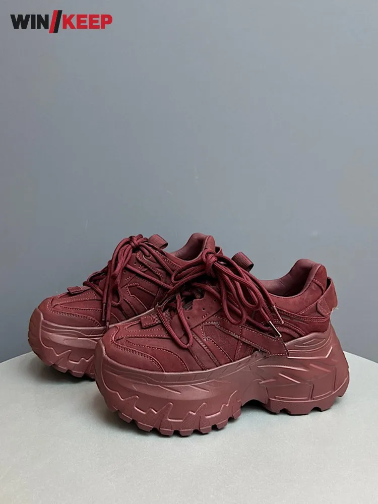 

Lady Comfortable Genuine Leather Breathable Lace Up Thick Platform Outdoor Running Training Shoes Sport Sneakers Height Increase