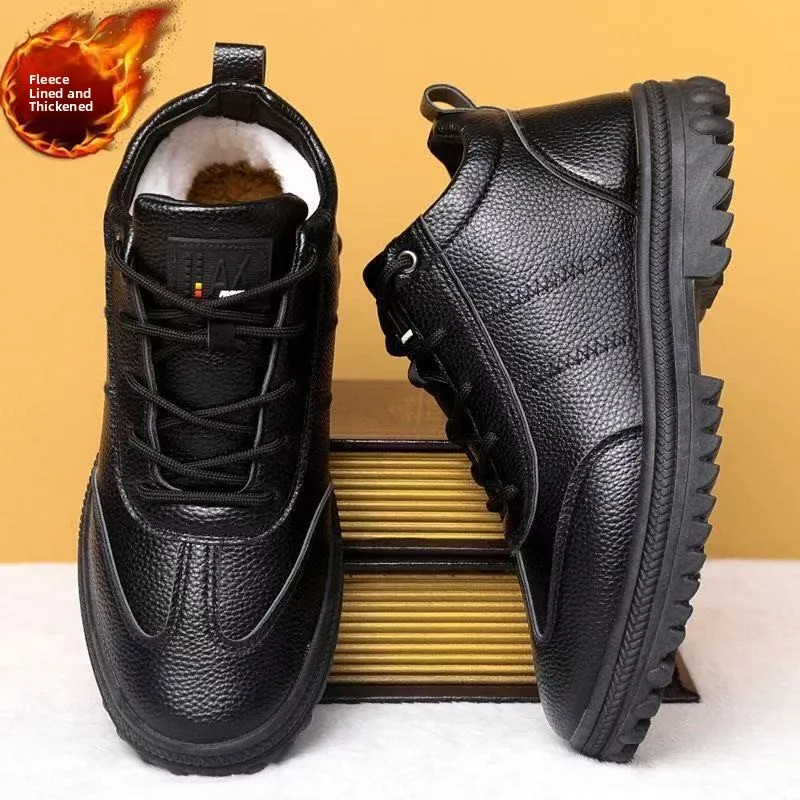 

Men's Winter Fce Lined Waterproof Anti-slip Thi Casual Leather Snow Boots High Top Trendy Mid-aged And ly oes