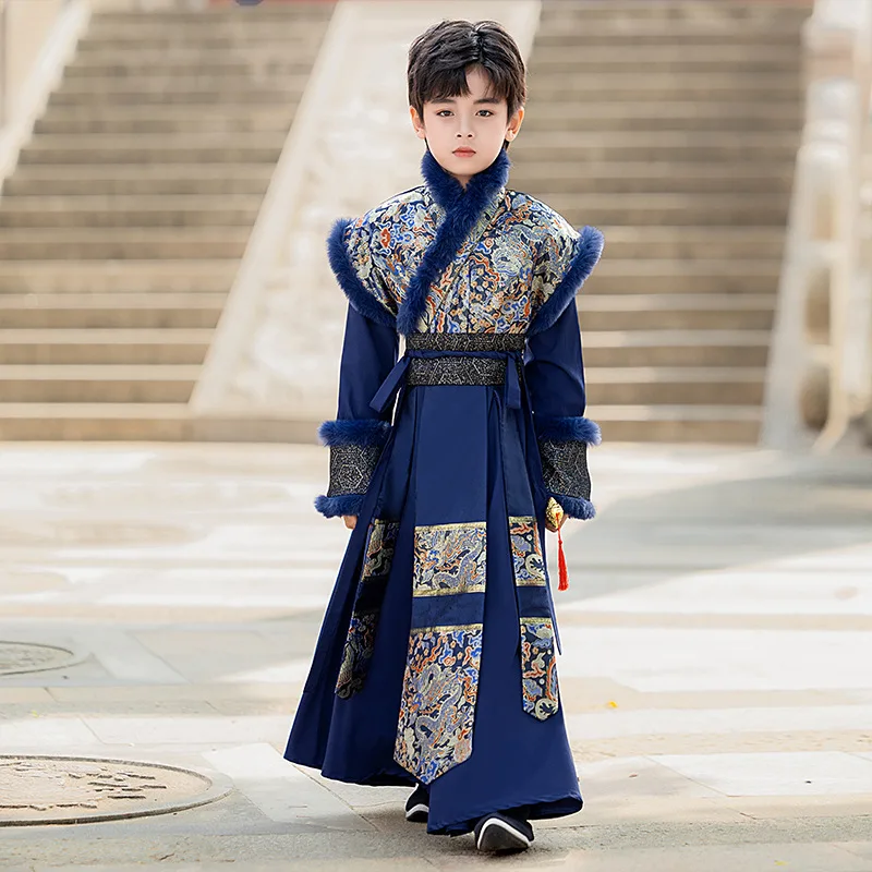 Boys' Hanfu Winter New Style Children's Ancient Costume With Thick Velvet High End Martial Arts Guests Handsome Tang Performance