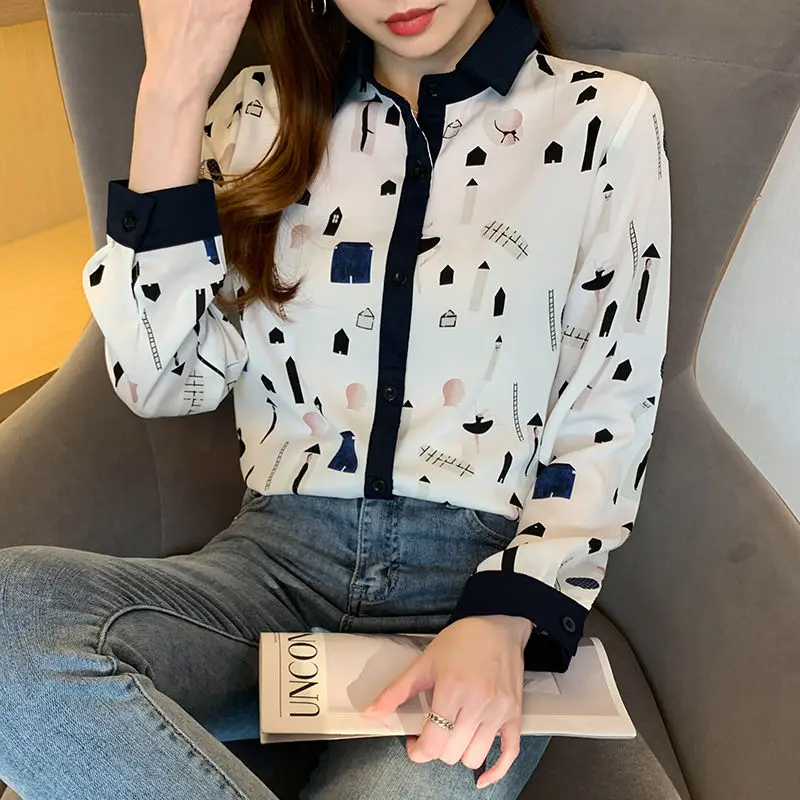 Fashion Commute Spring Autumn New Printed Blouses Women\'s Patchwork Geometric Polo Collar Loose Casual Long Sleeve Button Shirts