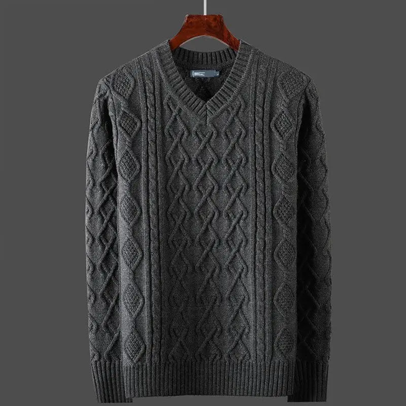 

Autumn and Winter V Neck Pure Color Sweater Men Classic Style Loose Knitted Sweaters Pullover Streetwear Basic Tops L261