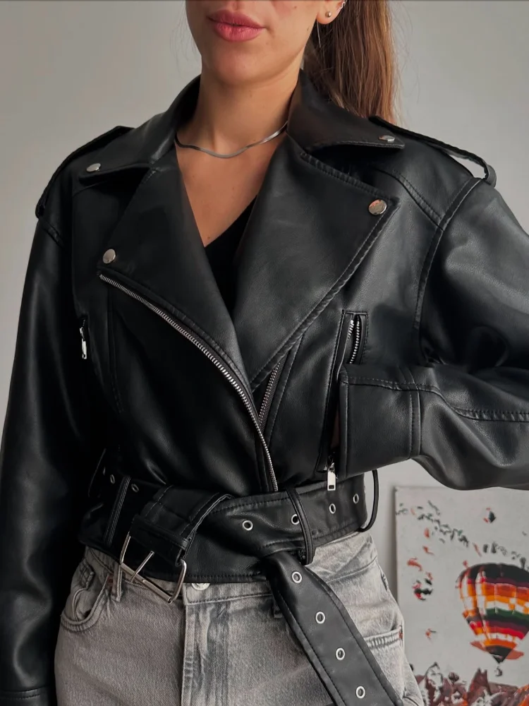 

Cropped Zipper Blet Black Leather Jacket Women Fashion Lapel Full Sleeve Pocket Short Pu Coat Lady Daily Commuting Streetwear