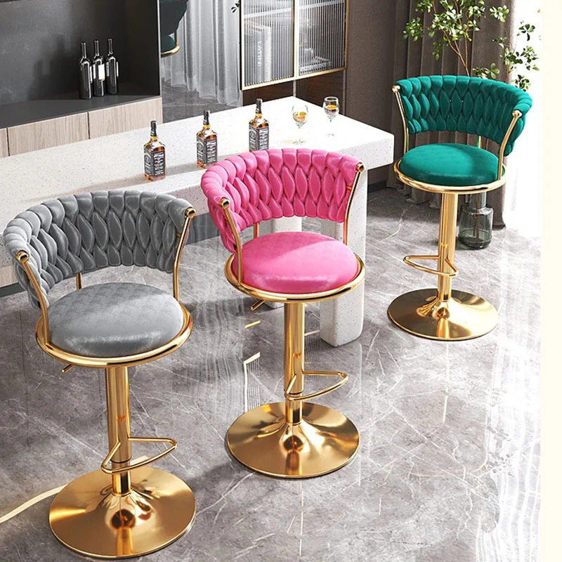 Retro Nordic Style Bar Stool Velvet Gold Cushion High Quality Party Chairs High Back Luxury Taburetes De Bar Home Furniture