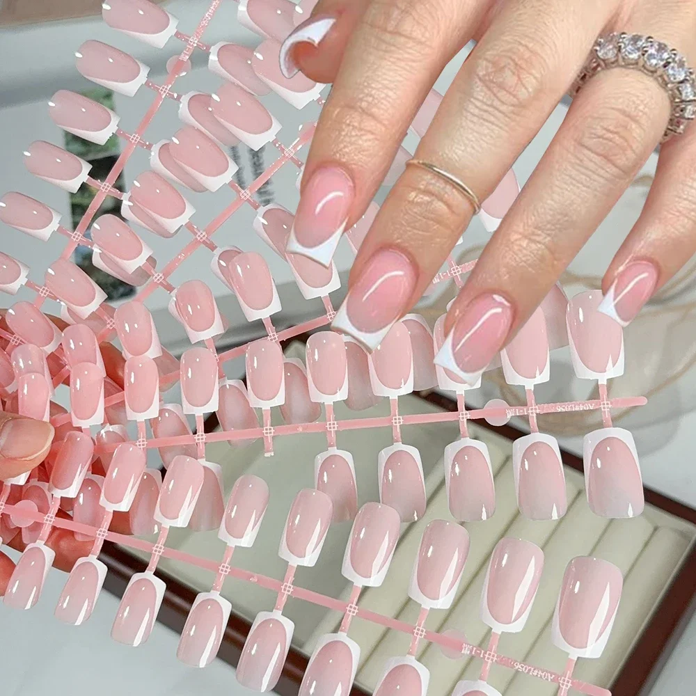

120Pcs Short Square White French Fake Nails Tips Nude Pink Coffin-shaped Glossy Press on nails Full Cover Wearable False Nails-#
