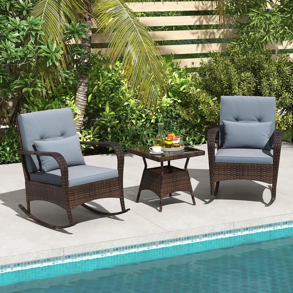 3 Pieces Patio urniture Set, Outdoor Wicker Rocking Chairs with Cushions, Pillows, Glass Coee Table, Rattan Bistro Rocker Set or