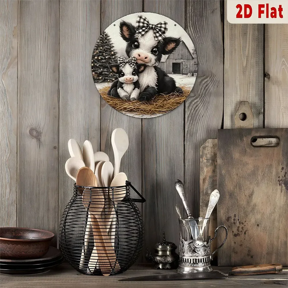 CIFBUY 2D Flat Cute Cow & Calf Metal Wall Decor - Vintage Round Fluffy Farmhouse Window Art with Big-Eyed Calf & Mother Cow