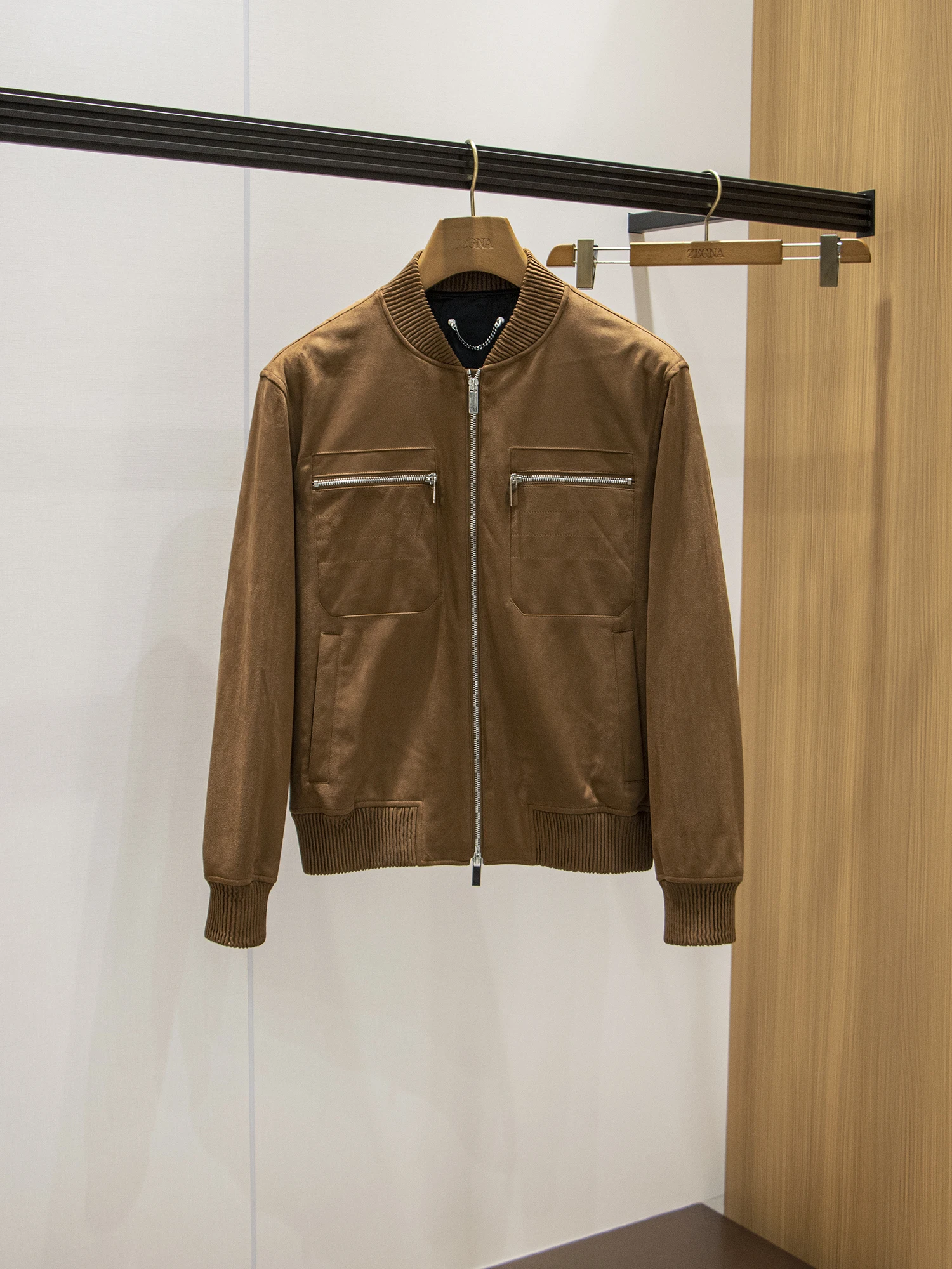 

High-end baseball collar bomber jacket with custom-dyed suede fabric