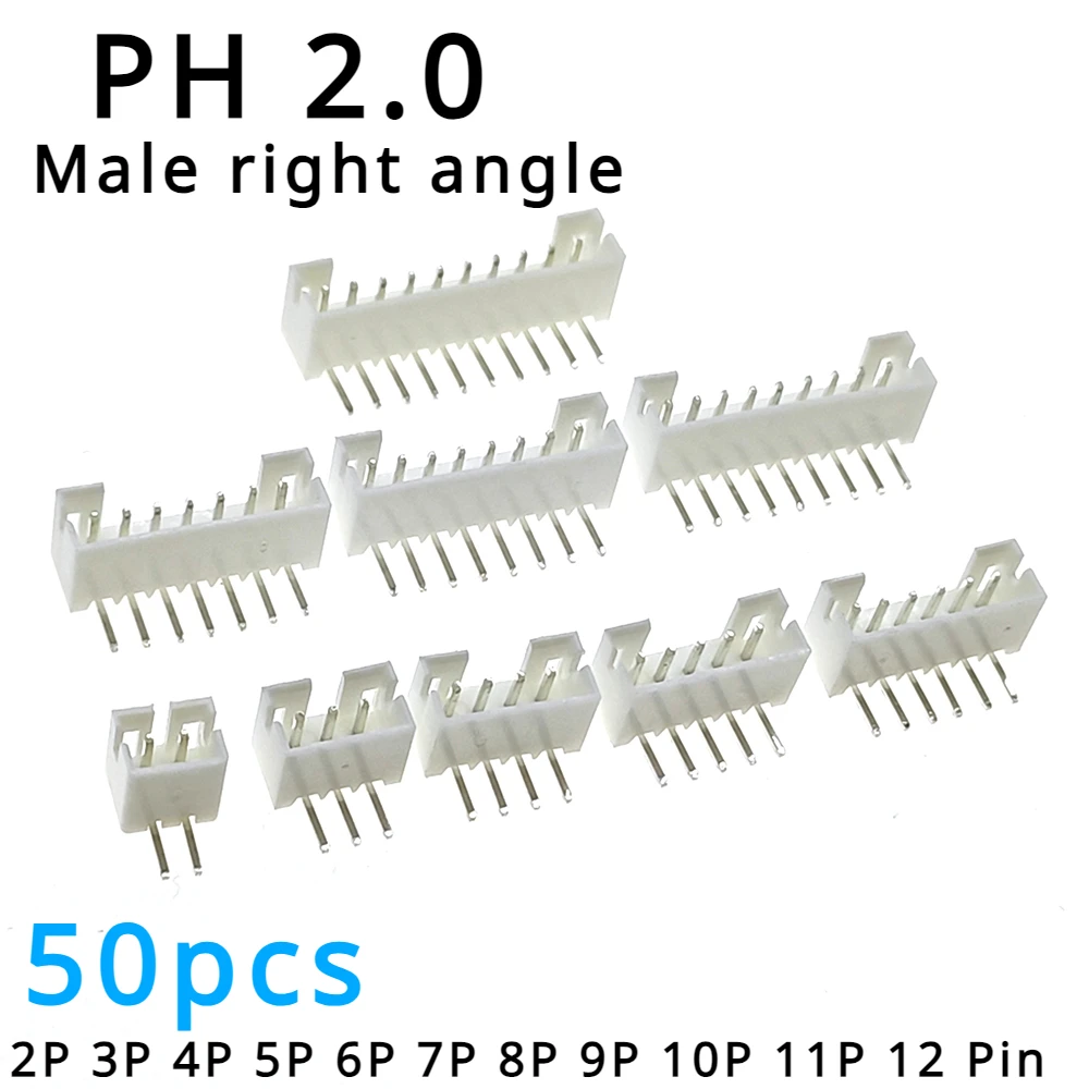 

50pcs/LOT PH 2.0 Male Right Angle Pin Header Connector 2mm Leads 2P 3P 4P 5P 6P 7P 8P 9P 10P 11P 12 Pin Header PH-AW