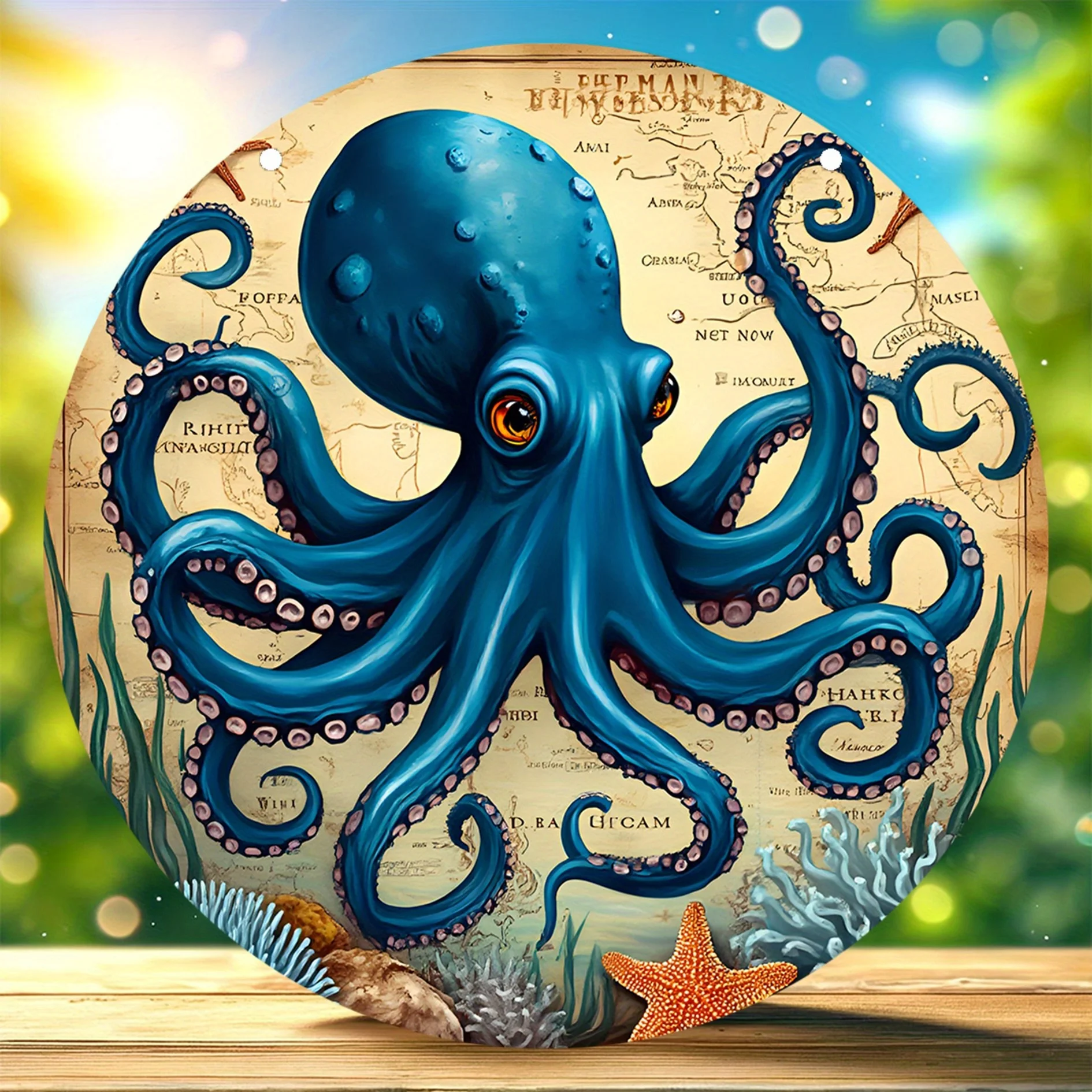 Mapa de pirata de pulpo Retro, letrero circular de madera, tablero para colgar en la pared y cuerda de cáñamo, cafetería, garaje, decoración de jardín