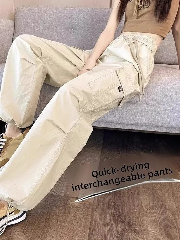 

American High Waist Work Pants Women Summer Small Size Cuffed Hiking Loose Wide Leg Quick Dry Sports Trousers Casual Jeans