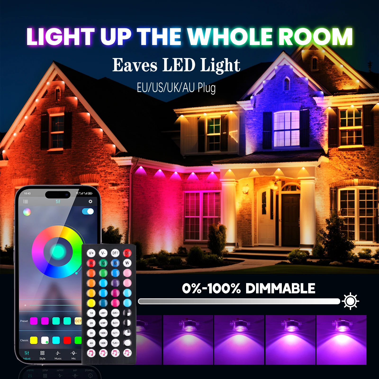 

5in1 RGB Eaves LED Lights Permanent Outdoor Smart Bluetooth App Control Fairy Lights Atmosphere Outdoor Decoration DC24V 30M/90M