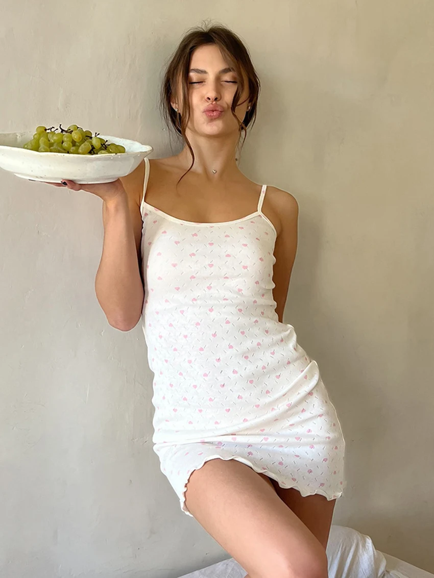 Marthaqiqi Printing Female Sleepwear Sexy O-Neck Pajamas Spaghetti Strap Pajamas Backless Nightwear Mini Dress Casual Nightgowns