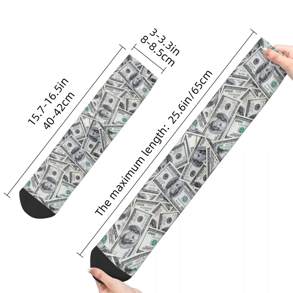 Crazy Design 100 Dollar Bills USA Skateboard Socks Money Pattern Polyester Middle Tube Socks for Women Men Breathable