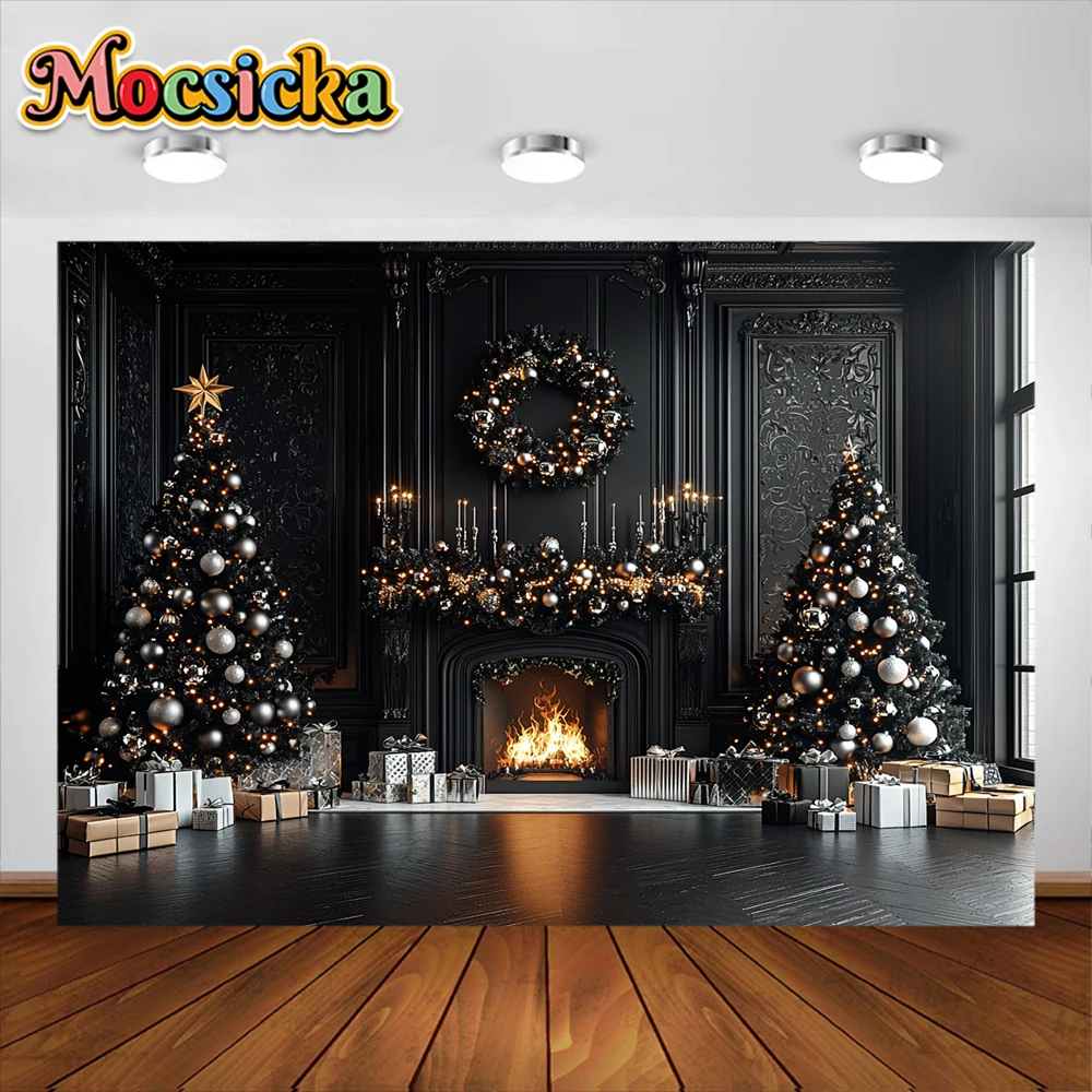 Christmas Photography Background Black Xmas Tree Fireplace Garland Holiday Decoration Adult Portrait Photo Backrop Studio Props