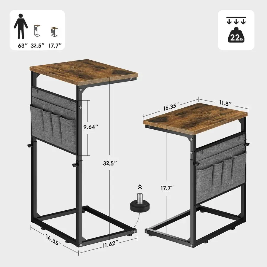 C Shaped End Table, 33 Tall Side Table for Couch, Adjustable Height Small Couch Side Table for Small Spaces, End Table Slide Und