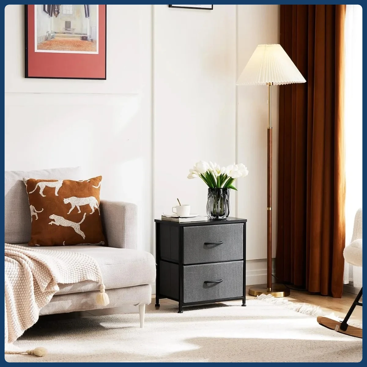 Comodino piccolo multifunzionale: 2 cassetti portaoggetti, piano in legno, armadietto in tessuto per l'organizzazione del comodino nella cameretta dei bambini o nel dormitorio