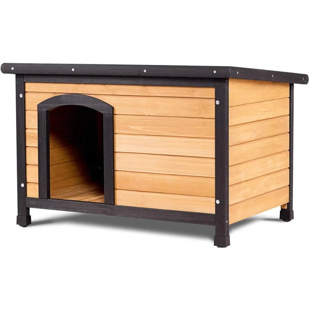 

Wooden Dog House Outdoor Indoor, Medium Pet Shelter Log Cabin Feeding Station with Opening Hinged Roof, Adjustable Foot