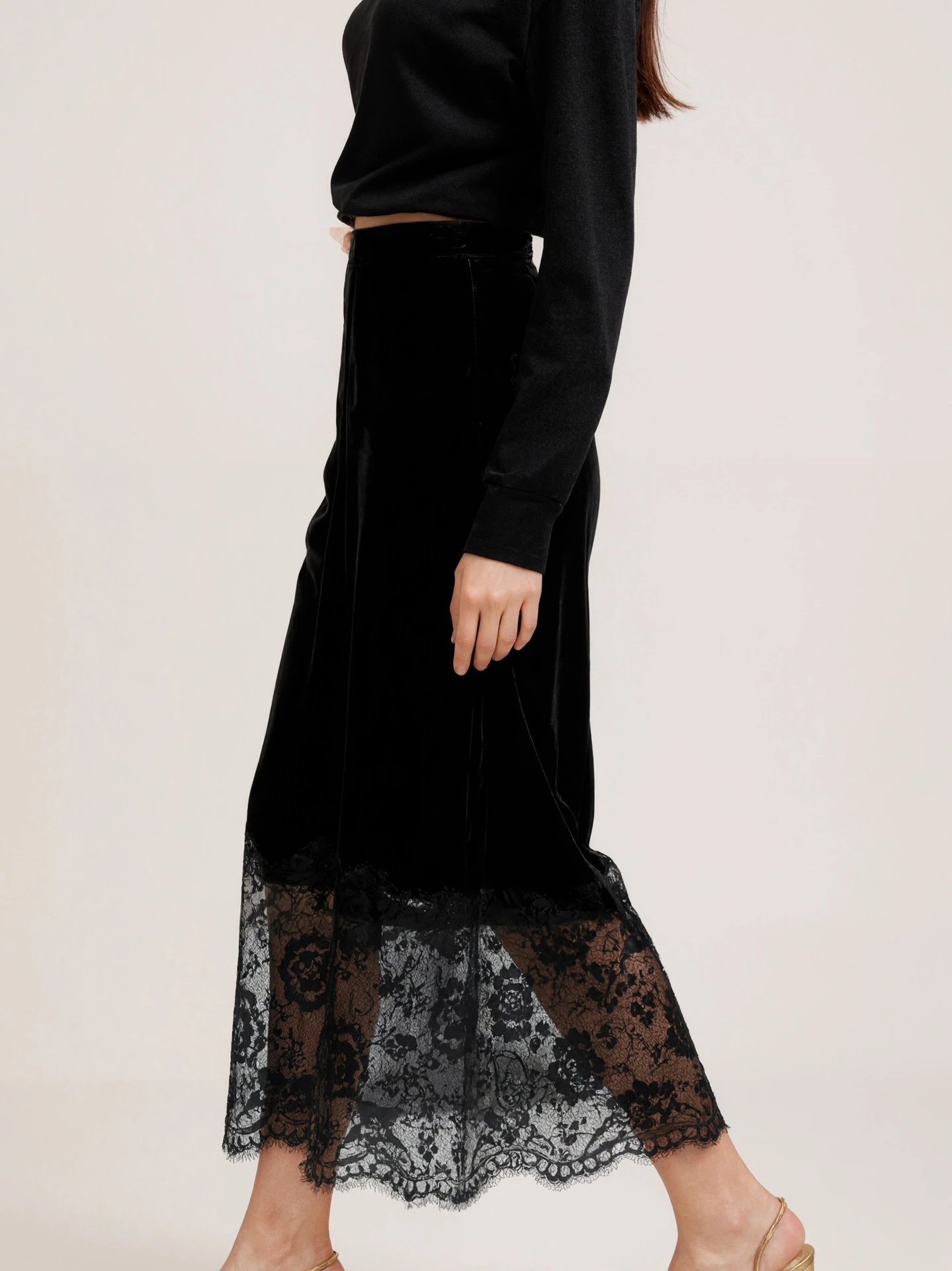 Faionable Casual Fluwelen Patchwork Kanten Rok Dames Pendelen Sle Hoge Taille A-lijn Rok Stand Fit Herfstseizoen