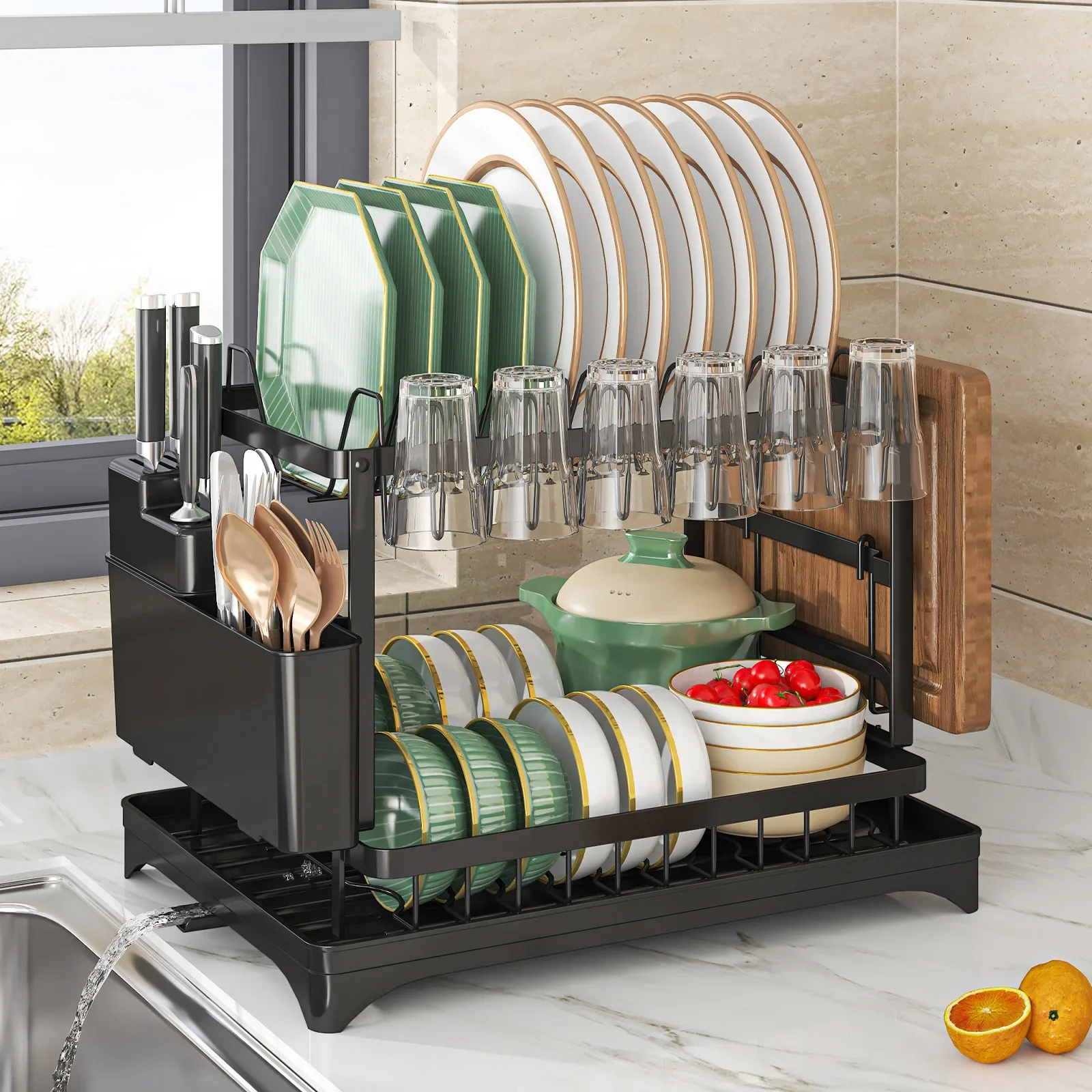 

Self-drainage kitchen storage shelf for dishes and bowls, multifunctional foldable bowl and chopsticks storage, countertop drain