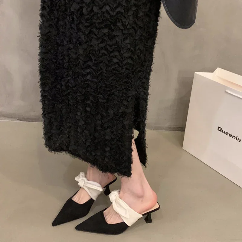 Summer Street Style Bowknot  Slippers Woman Fashion Pointed Toe Mules Shoes Sexy Party Prom Zapatos De Mujer