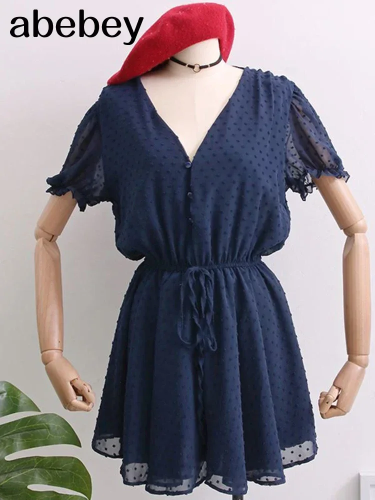 Women Dot Chiffon Rompers short sleeves Korean beach overalls bohemian loose casual summer wide leg pants playsuits