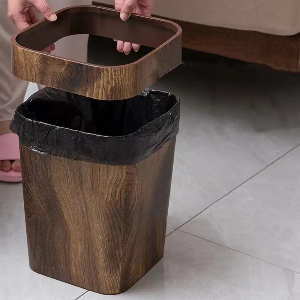 

Uncovered Plastic Trash Can Large Capacity Square Waste Bins Mimetic Wood Grain Lidless Rubbish Can Bedroom